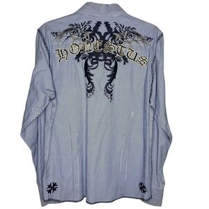 Monarchy Button Down Shirt Mens M Blue LS Y2K Grunge Gothic Streetwear